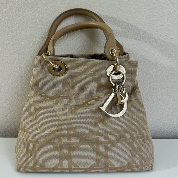 CHRISTIAN DIOR LADY DIOR BEIGE CANNAGE CANVAS BAG - Picture 1 of 10